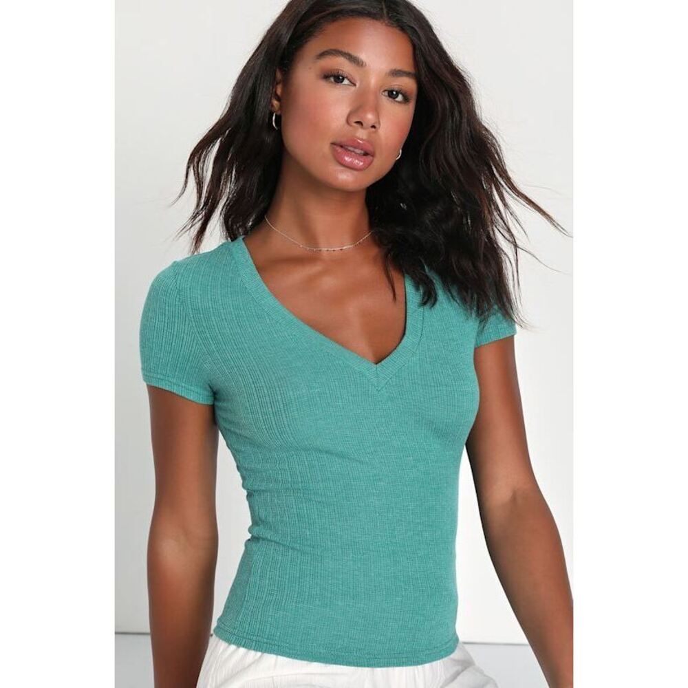 Lulus Essentially Perfect Heather Teal Green Ribbed V-neck Tee - Size M